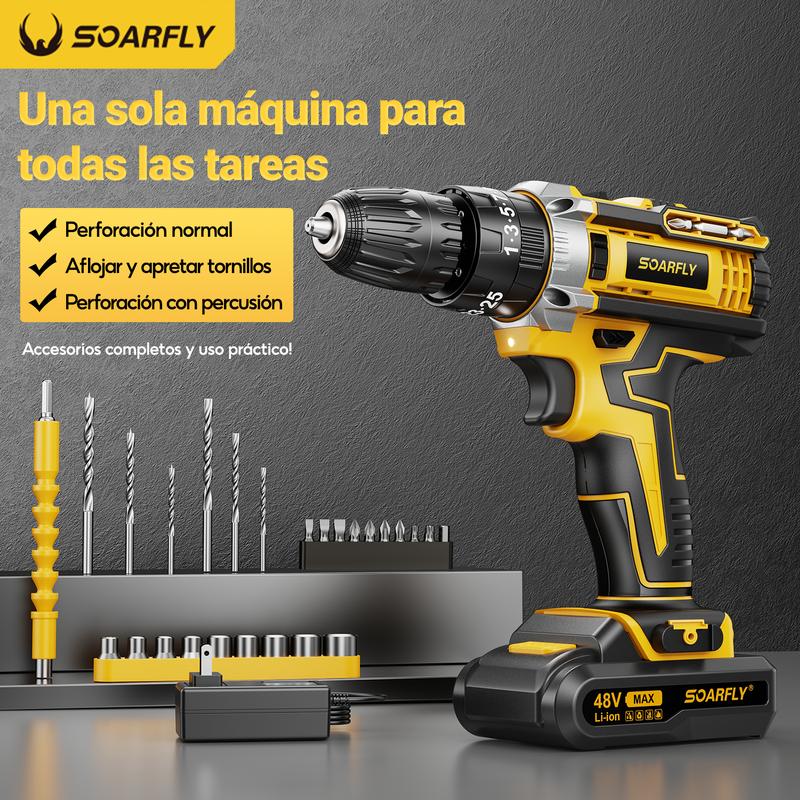 Taladro Electrico y Inalambrico de 48V, Herramienta Profesional 3 en 1, Taladro, Desatornillador y Martillo,Bateria de Larga Duracion, Motor de Alto Rendimiento, Juego con Accesorio