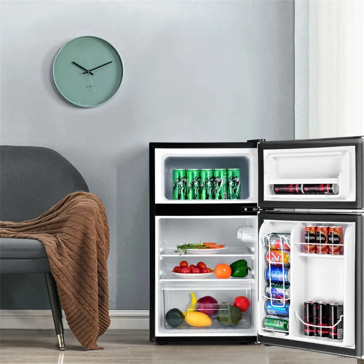 Costway Frigorífico Compacto Mini Nevera 90 L Congelador Separado con 2 Puertas Luz LED Refrigeración Rápida Ahorro Energético Silencioso Gris