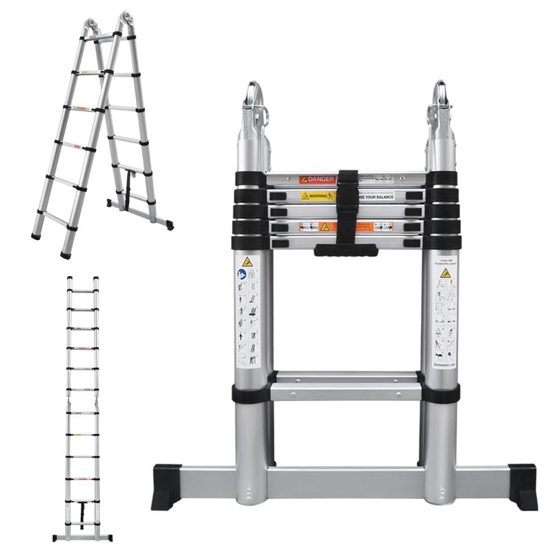 Escalera telescópica de aluminio con estructura en A, plegable, con barra estabilizadora y patas antideslizantes, capacidad de carga máxima de 330 libras, para el hogar y la oficina (6.2+6.2 pies / 8.2+8.2 pies).
