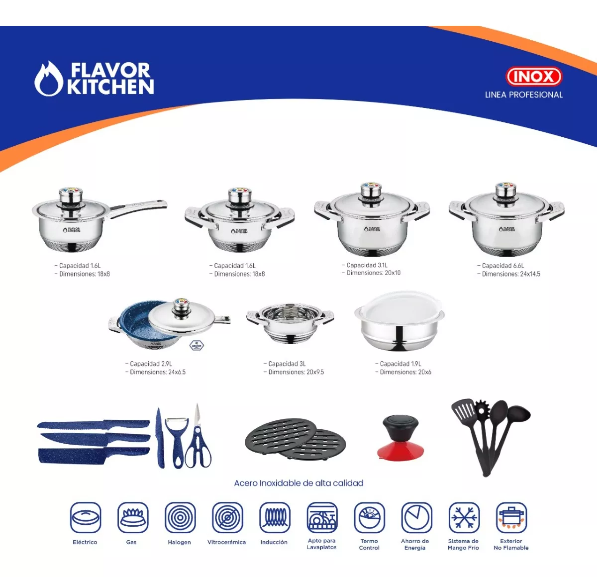 Batería De Cocina Flavor Kitchen Acero Inox Quirúrgico 26 Pz