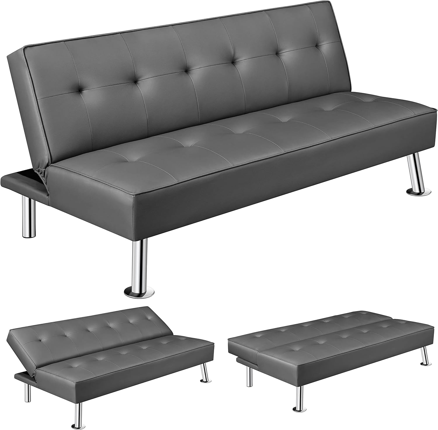 Sofá Convertible de Piel sintética, sofá Cama, sofá de futón, sofá Ajustable, sofá de futón, Muebles de Sala de Estar con Patas de Metal Chapado en Cromo, Gris