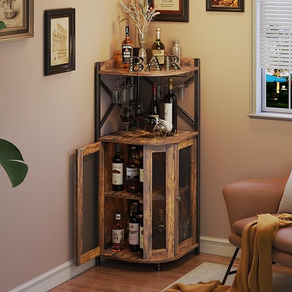 clóset de barra de esquina con luces LED, gabinete industrial de 5 niveles con soporte de vidrio, gabinete de licor de granja con estante ajustable, barra para el hogar para gabinete de bar 5-Tier Wine Cabinet