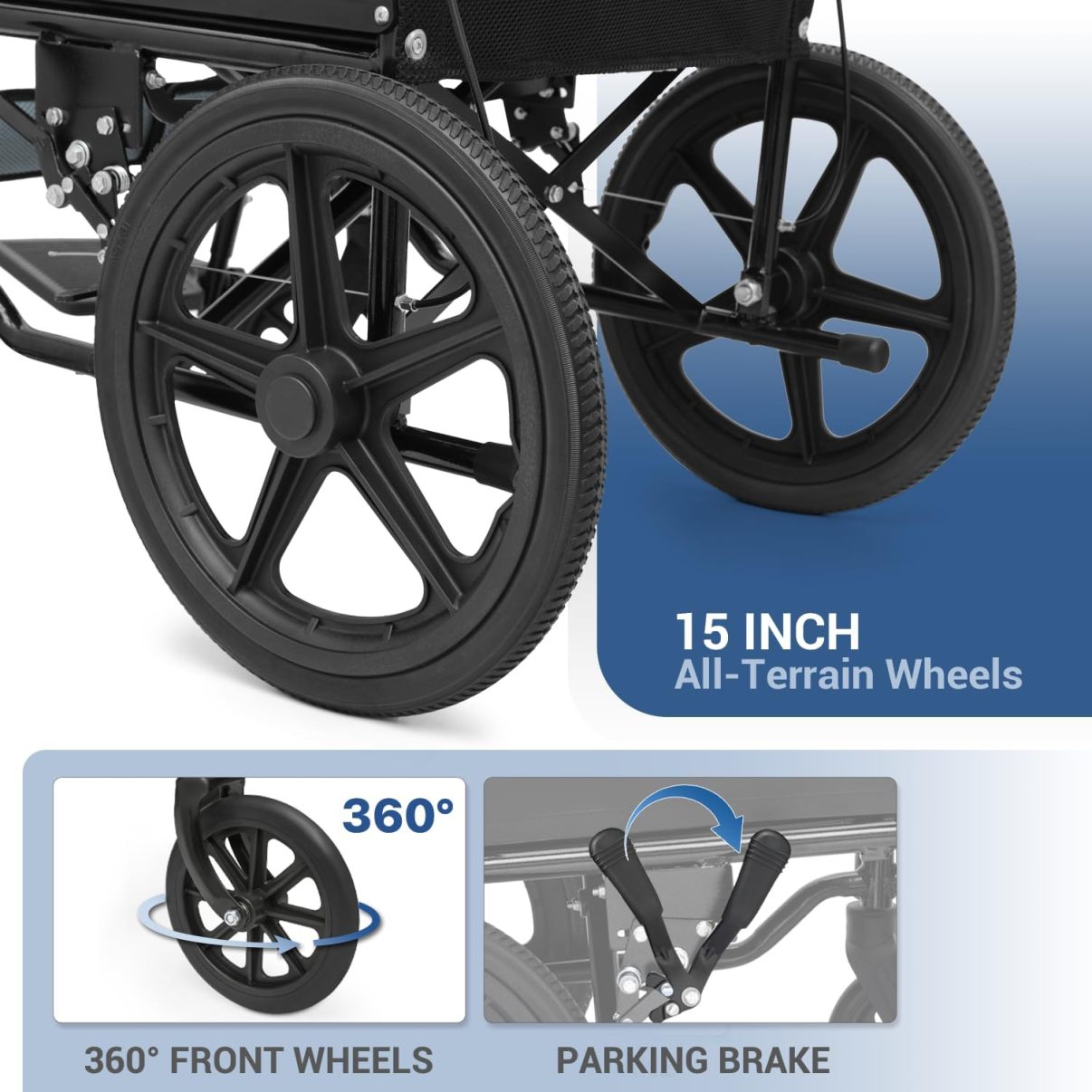Monicare - Silla de ruedas para adultos con reposapiés abatible y frenos de mano con cierre de bucle, silla de rueda de asiento de 17.5 pulgadas, rueda trasera de 15 pulgadas, ligera, ultraligera,