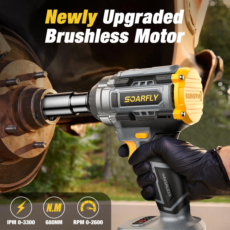 Llave de impacto de 680 Nm, 2 baterías de 4,0 Ah, cargador rápido, 6 puntas de destornillador, 8 brocas, 6 vasos, para coches y camiones.
