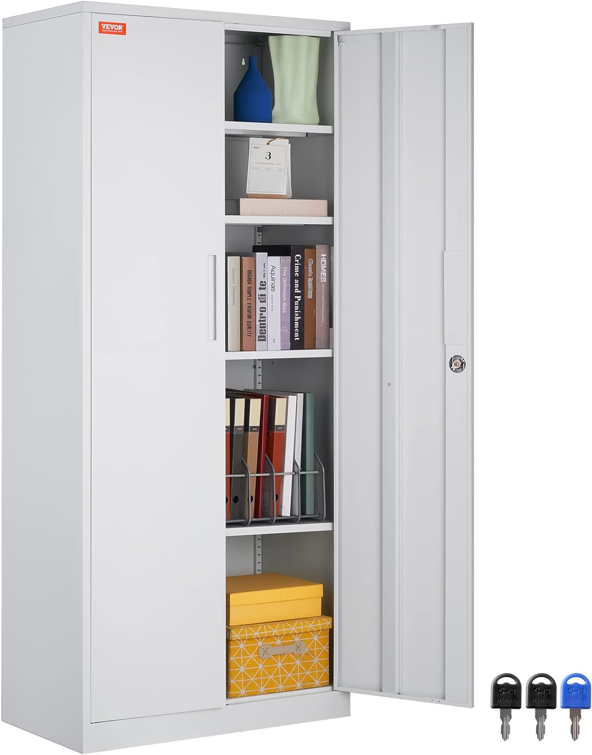 Metal Storage Cabinet with Wheels, 75'' Locking Steel Storage Cabinet with 2 Magnetic Doors and 4 Adjustable Shelves for Office, Garage, Home