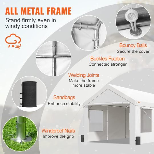 Cochera, toldo de coche resistente de 10 x 20 pies, cochera portátil con ventanas ventiladas enrollables y paredes laterales extraíbles, lona resistente a los rayos UV impermeable para todas las