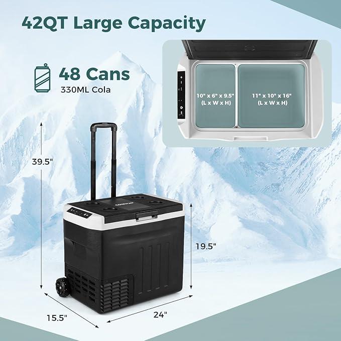 Refrigerador portátil para auto, 23/32/42 cuartos de galón, con rango ajustable de -4℉~68℉, 12/24 V CC 100-240 V CA, refrigerador eléctrico con congelador y separador para camping, caravana, viajes, pesca, hogar, color negro.