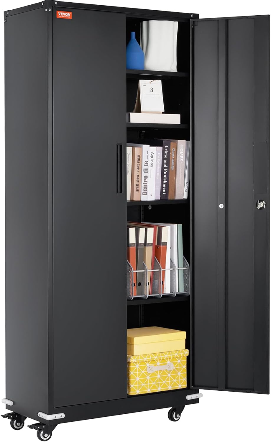 Metal Storage Cabinet with Wheels, 75'' Locking Steel Storage Cabinet with 2 Magnetic Doors and 4 Adjustable Shelves for Office, Garage, Home