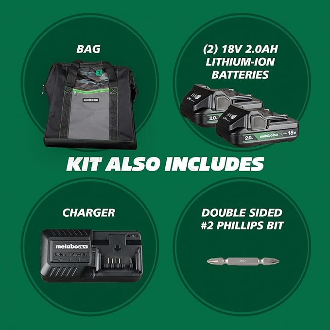 Metabo HPT - Kit combinado de taladro inalámbrico sin escobillas MultiVolt™ de 18 V, incluye baterías de 2 a 18 V, 2.0 Ah, KC18DEXQB