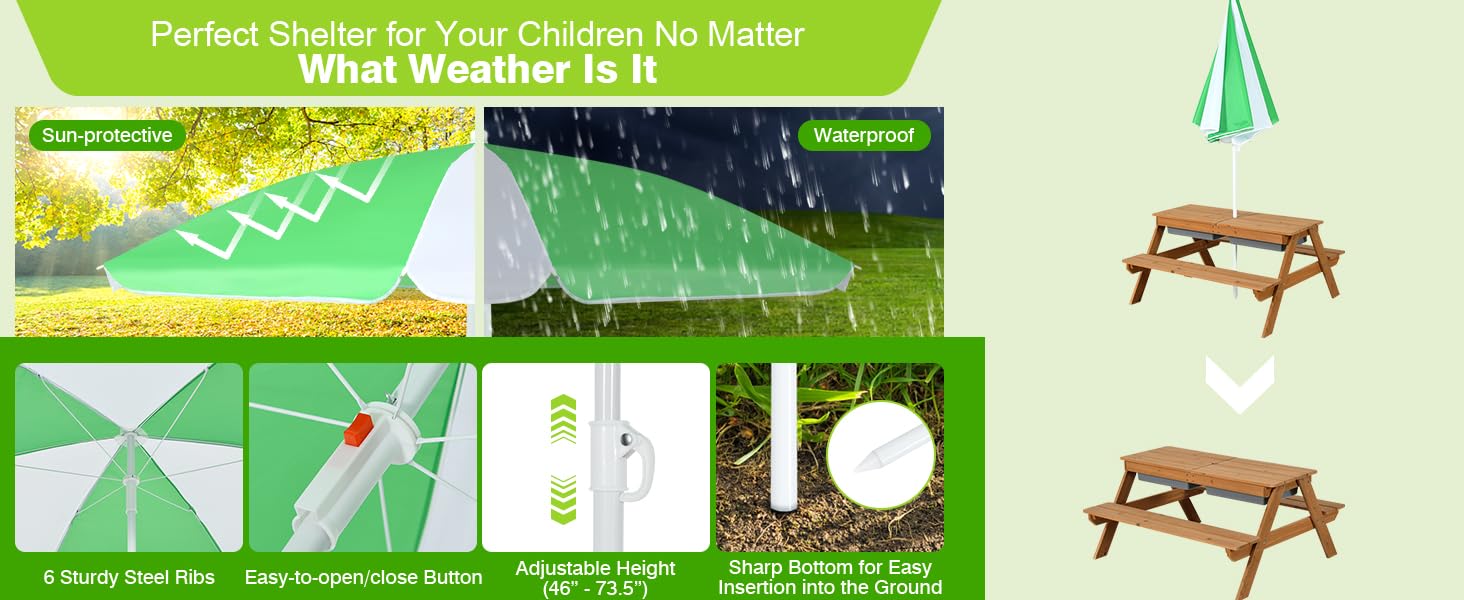 Costzon Kids Picnic Table w/Height Adjustable Umbrella,Indoor & Outdoor, Sand & Water Table for Garden, Backyard, Patio, dealsforyou