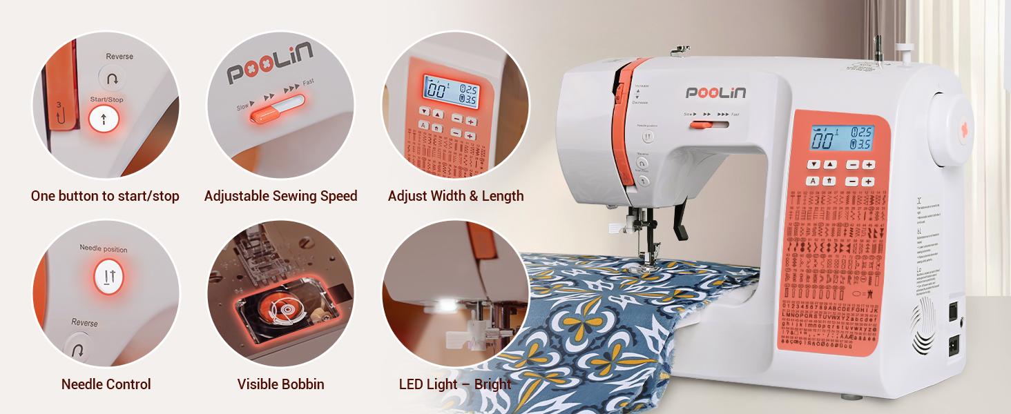PooLin EOC02RE Beginner-Friendly Electronic Sewingmachine, Multifunctional Home Model with Blind Stitch Ready, Alphabetic Options for DIY Sewing, Built-In Stitches