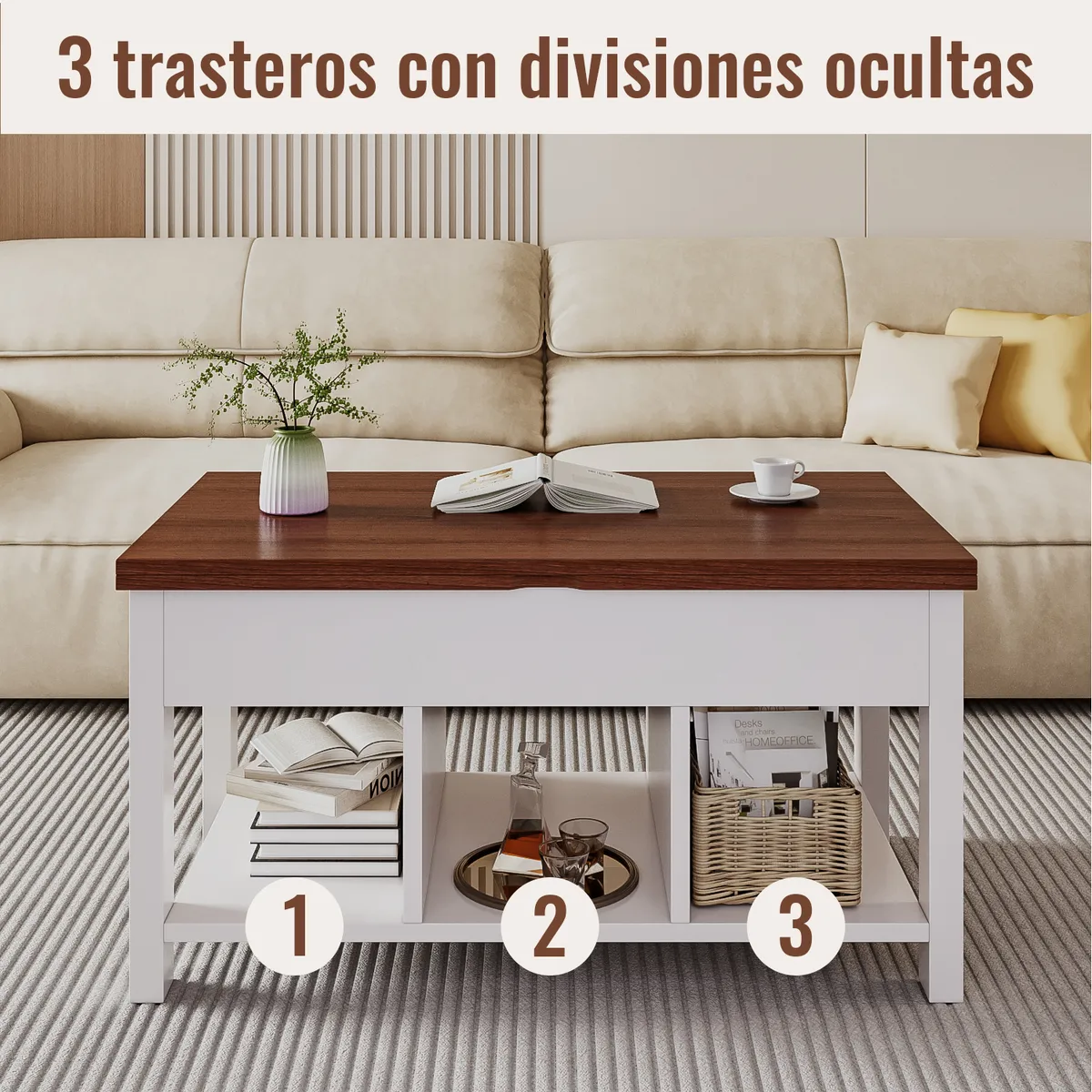Mesa De Centro 4 in 1 con Doble Cubierta Elevable Marrón