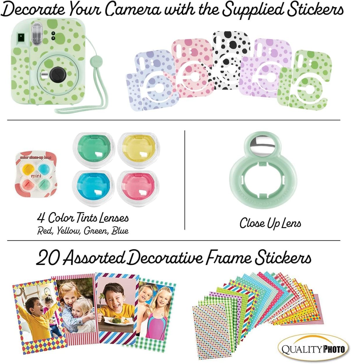 Fujifilm Instax Mini 12 cámara instantánea + 60 impresiones fotográficas + paquete de calidad para fotos, estuche, pegatinas decorativas, marcos, álbum de fotos, verde menta