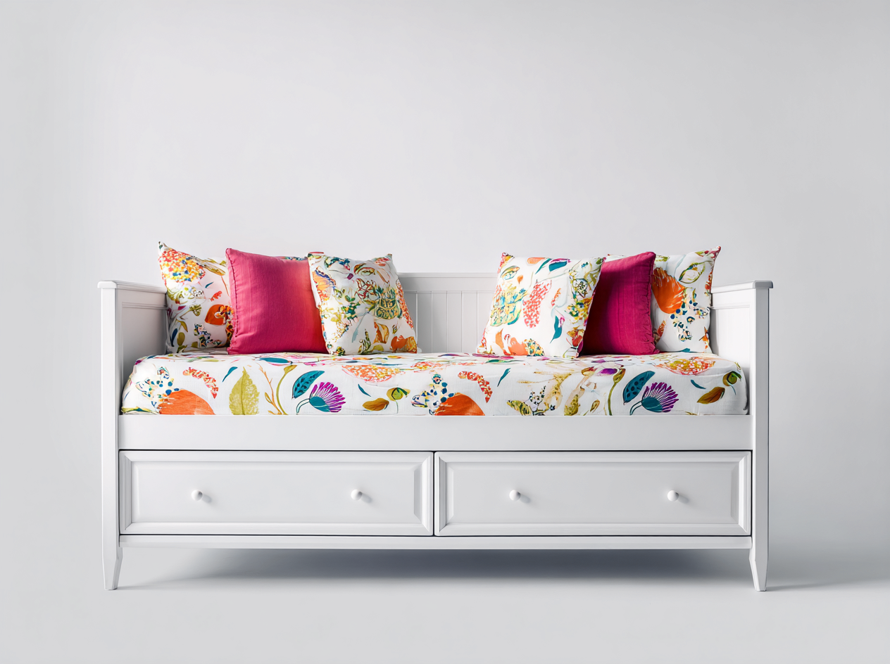 Divano letto-legno-tessuto-198x88x92 cm-bianco-multicolore-design classico- Loftmynest