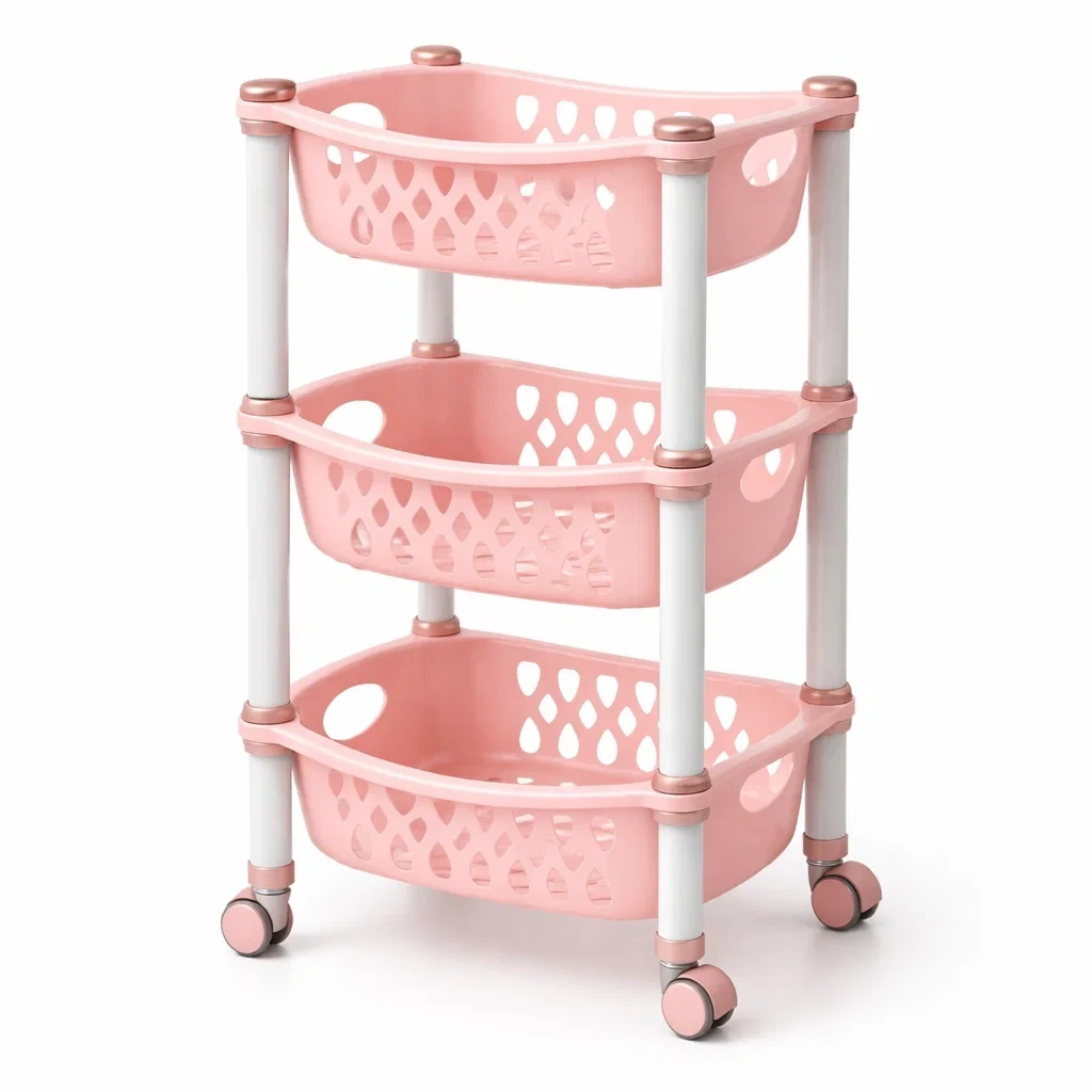 Scaffale Mobile 3 Cestelli in Plastica Rosa con Ruote-AlloyAbode