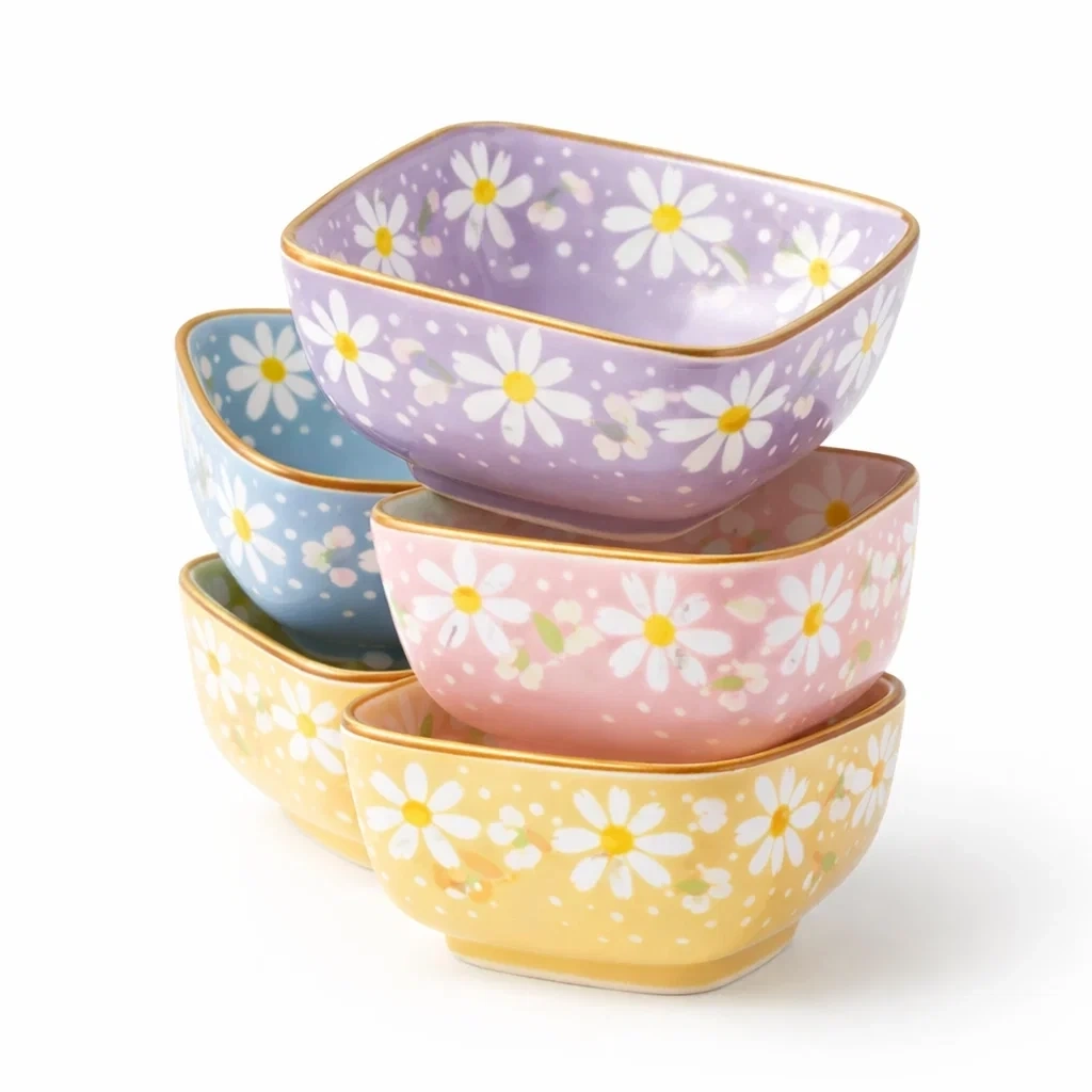 Set Ciotole Quadrate in Ceramica Floreale Multicolore-AlloyAbode