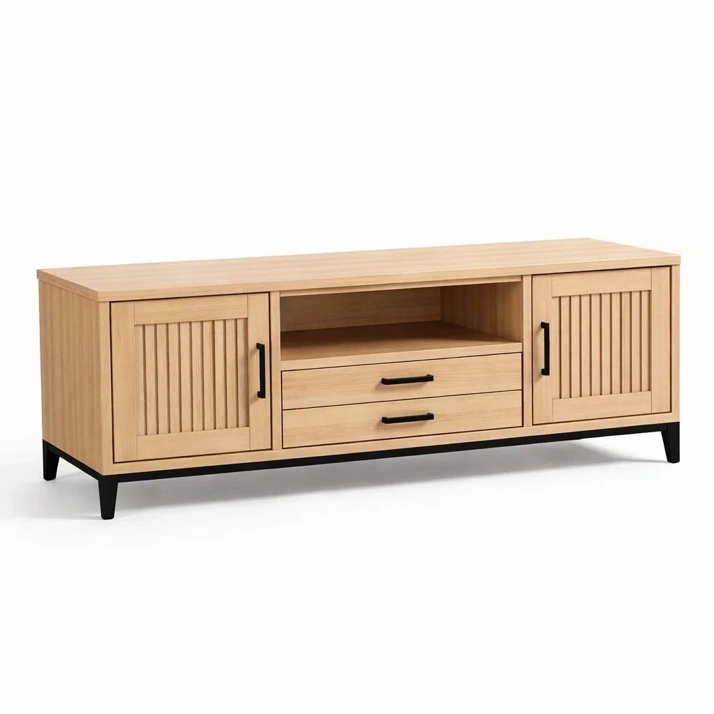 Mobile TV Industriale in Legno Chiaro con Ante a Doghe-AlloyAbode