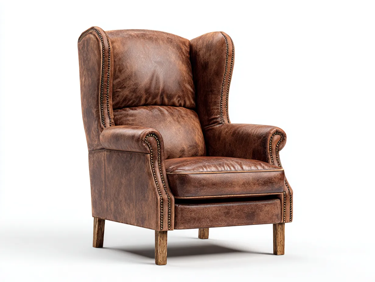 Fauteuil à oreilles - Cuir-Bois - 84x92x112 cm - Marron cognac - Style classique-Casagohome