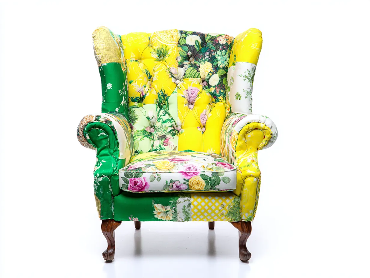 Fauteuil à oreilles - Tissu-Bois - 94x102x116 cm - Jaune-Vert-Blanc - Style classique-Casagohome