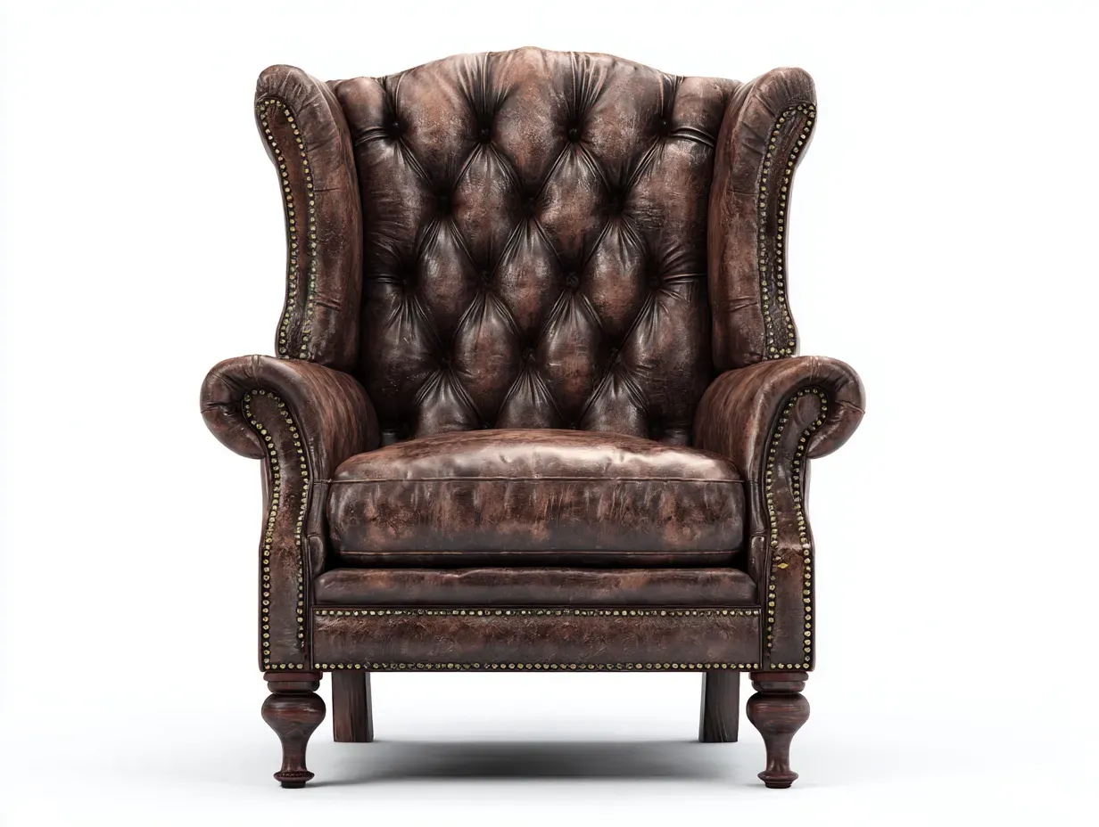 Fauteuil à oreilles - Cuir-Bois - 90x96x110 cm - Marron vieilli - Style classique-Casagohome
