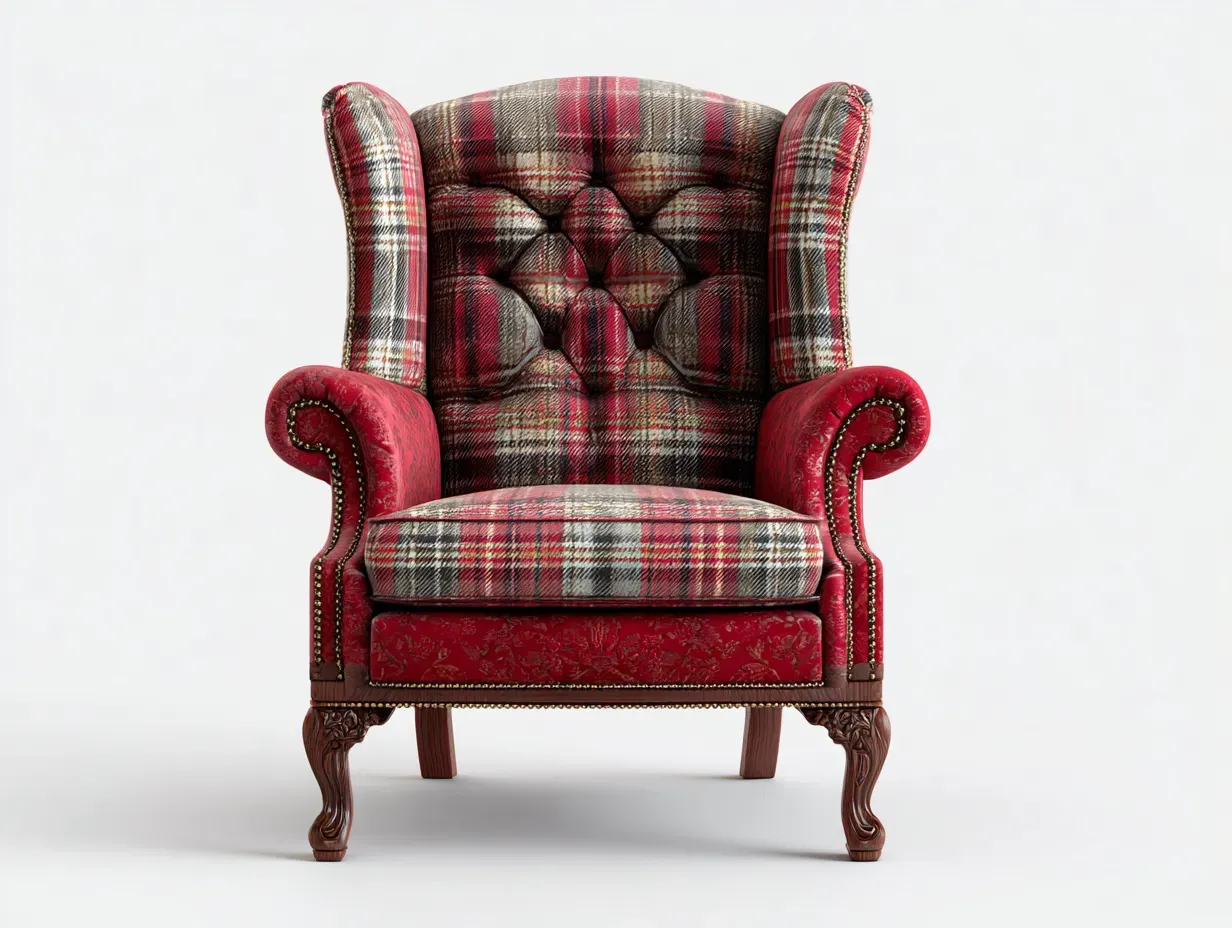 Fauteuil à oreilles - Tissu-Bois - 93x101x115 cm - Rouge-Beige-Gris - Style classique-Casagohome