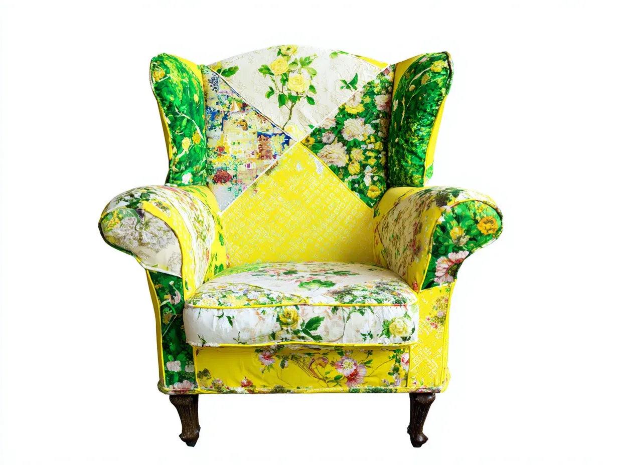 Fauteuil à oreilles - Tissu-Bois - 95x103x117 cm - Jaune-Vert-Blanc - Style classique-Casagohome