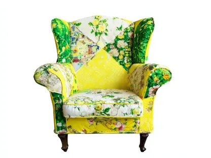 Fauteuil à oreilles - Tissu-Bois - 95x103x117 cm - Jaune-Vert-Blanc - Style classique-Casagohome