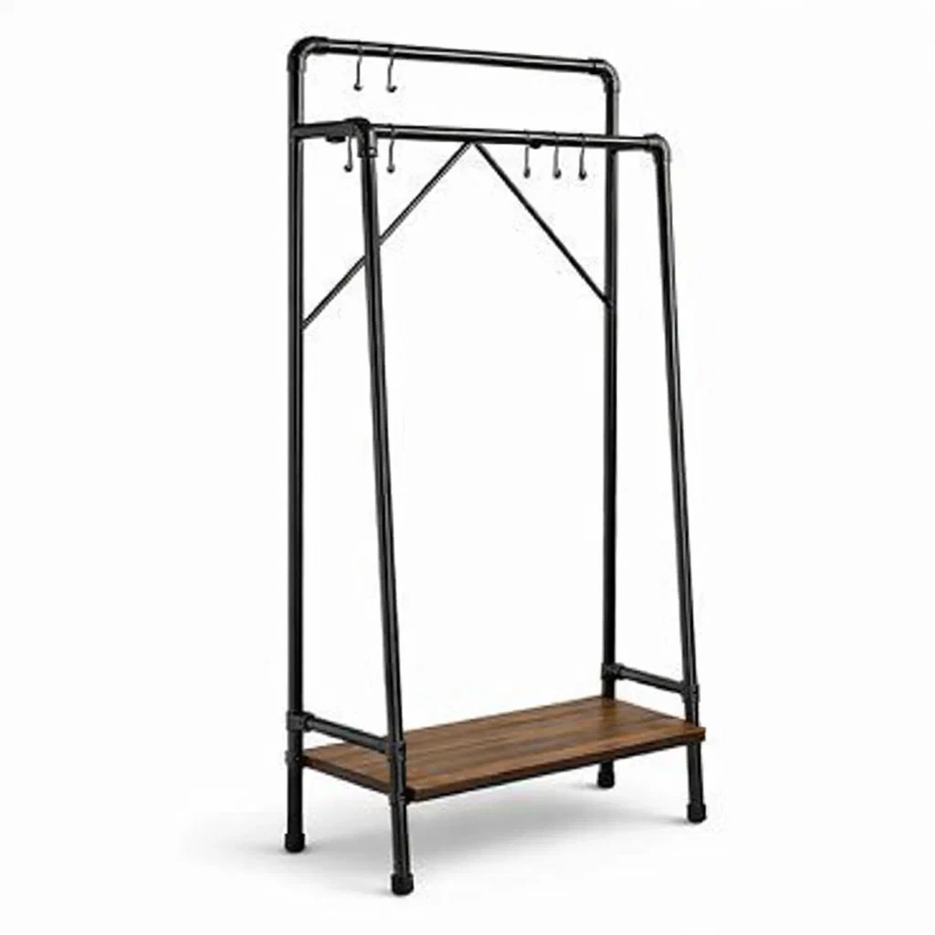 Appendiabiti Industriale in Metallo Nero con Ripiano in Legno-SilkSettle