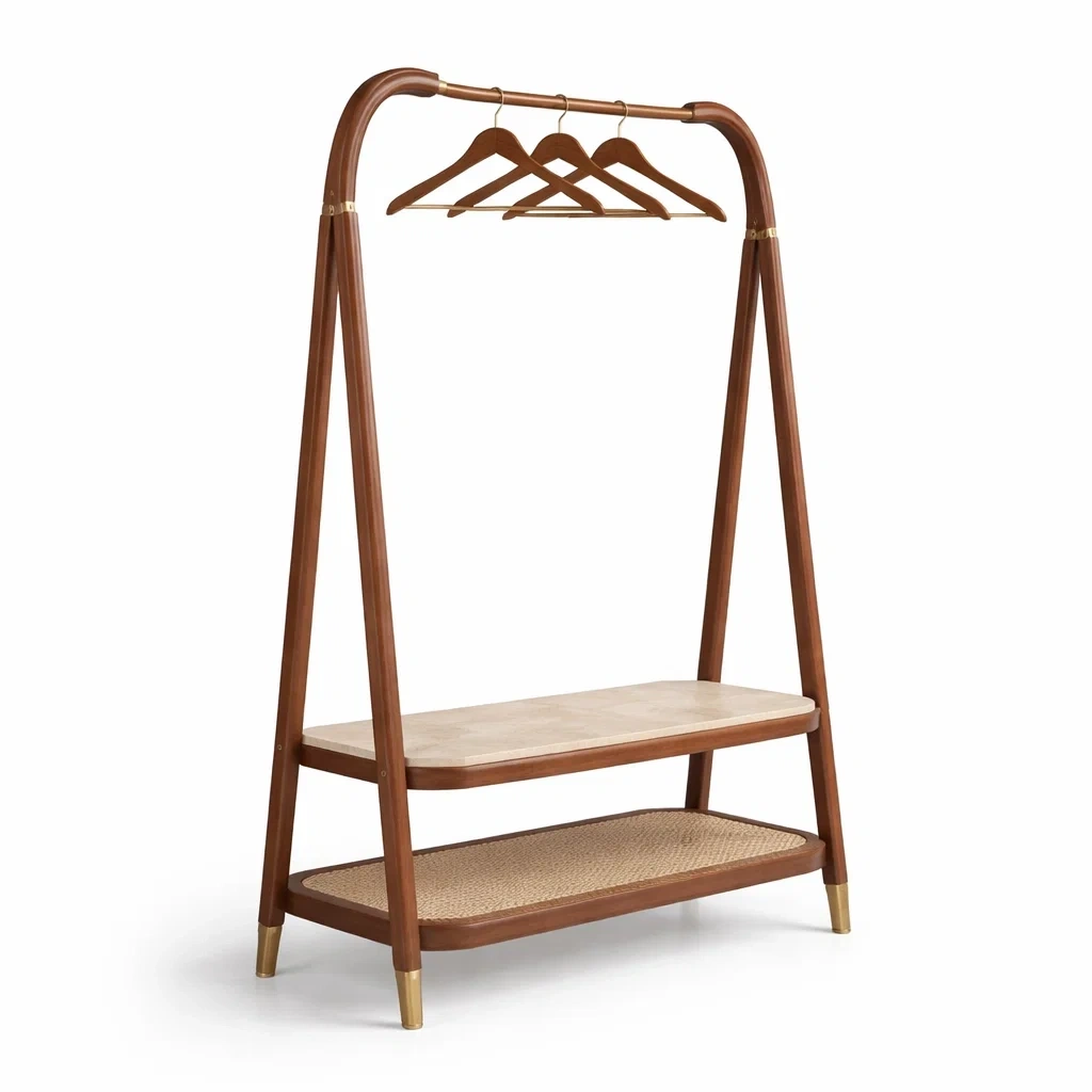 Appendiabiti in Legno con Ripiano in Tessuto Intrecciato-SilkSettle