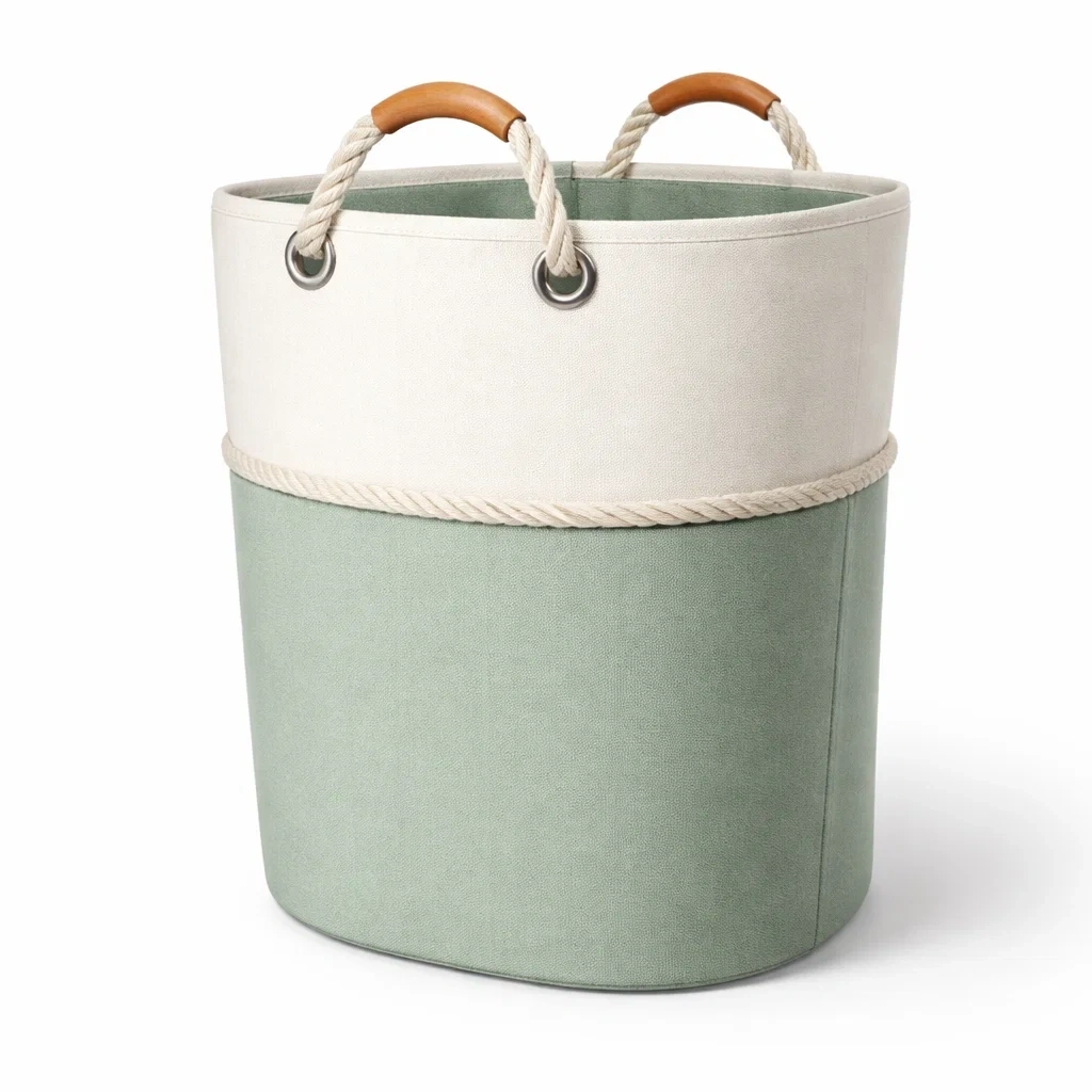 Cesto Portaoggetti in Tessuto Verde con Manici in Corda e Impugnature in Legno-SilkSettle