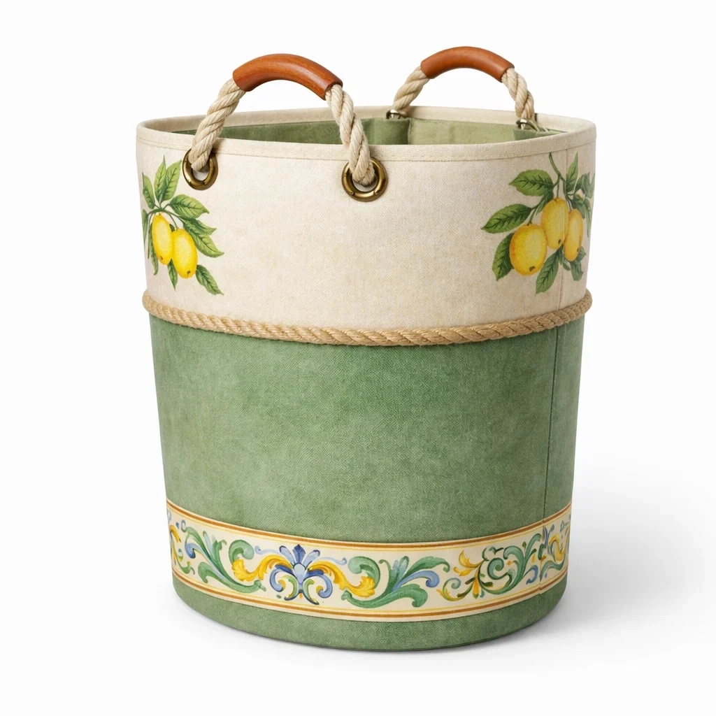 Cesto Decorativo in Tessuto Verde con Motivi Limone e Bordo Ornamentale-SilkSettle