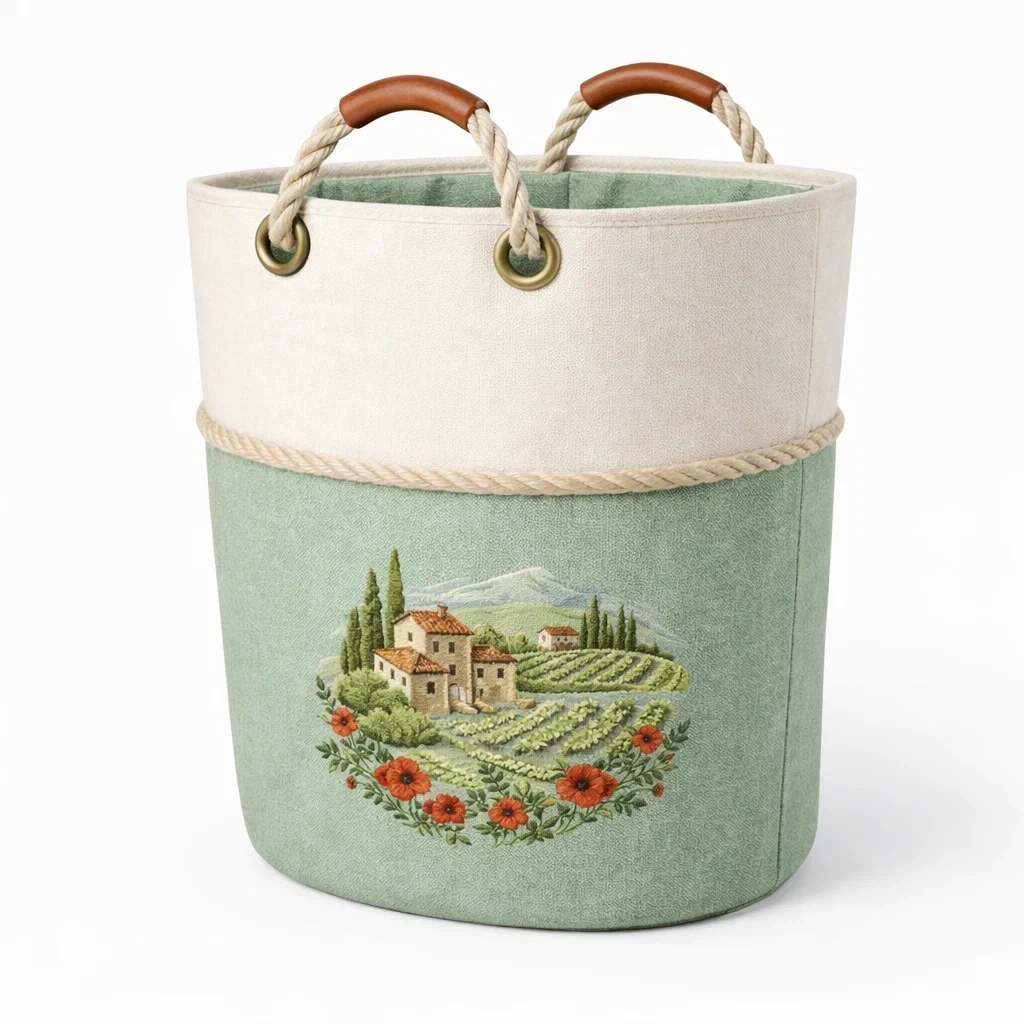 Cesto Portaoggetti in Tessuto Verde con Stampa Paesaggio Toscano-SilkSettle