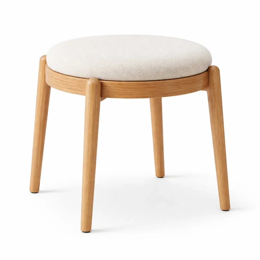 Sgabello rotondo in legno con seduta imbottita colore beige-SilkSettle