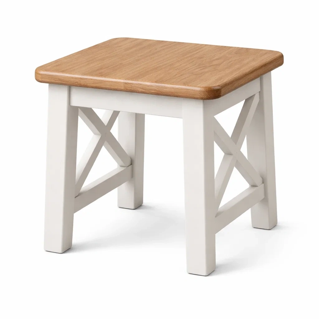 Sgabello quadrato in legno bianco con piano naturale-SilkSettle