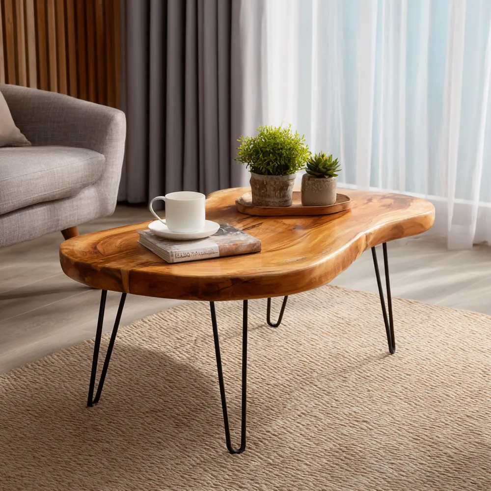 Table basse en bois de manguier 110x60x40 cm - Design naturel - Pieds en métal