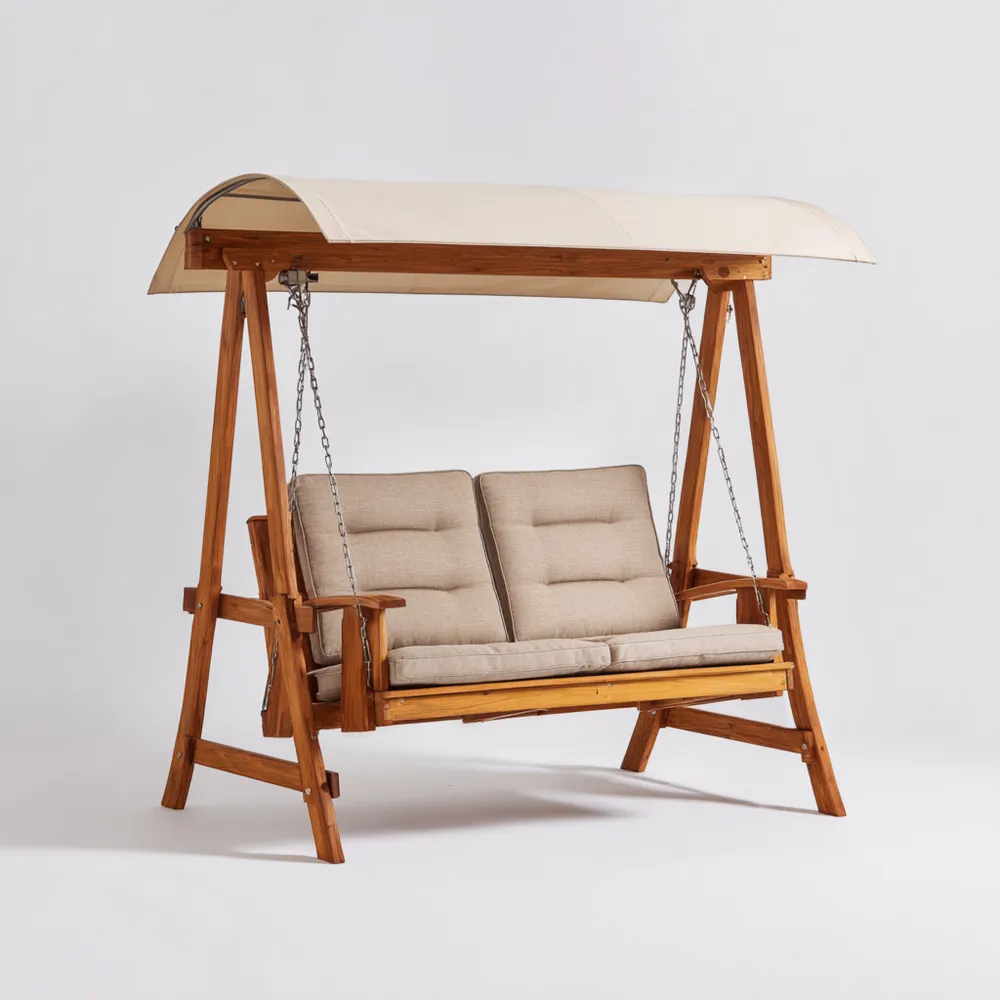 Balançoire de jardin en bois avec coussins 150x120x167 cm – Beige – Design classique