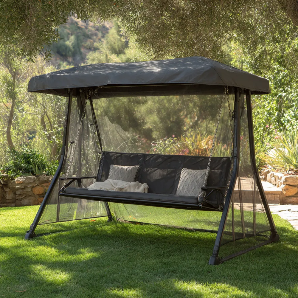 Balançoire de jardin 3 places 200x120x164 cm avec moustiquaire - Gris Foncé