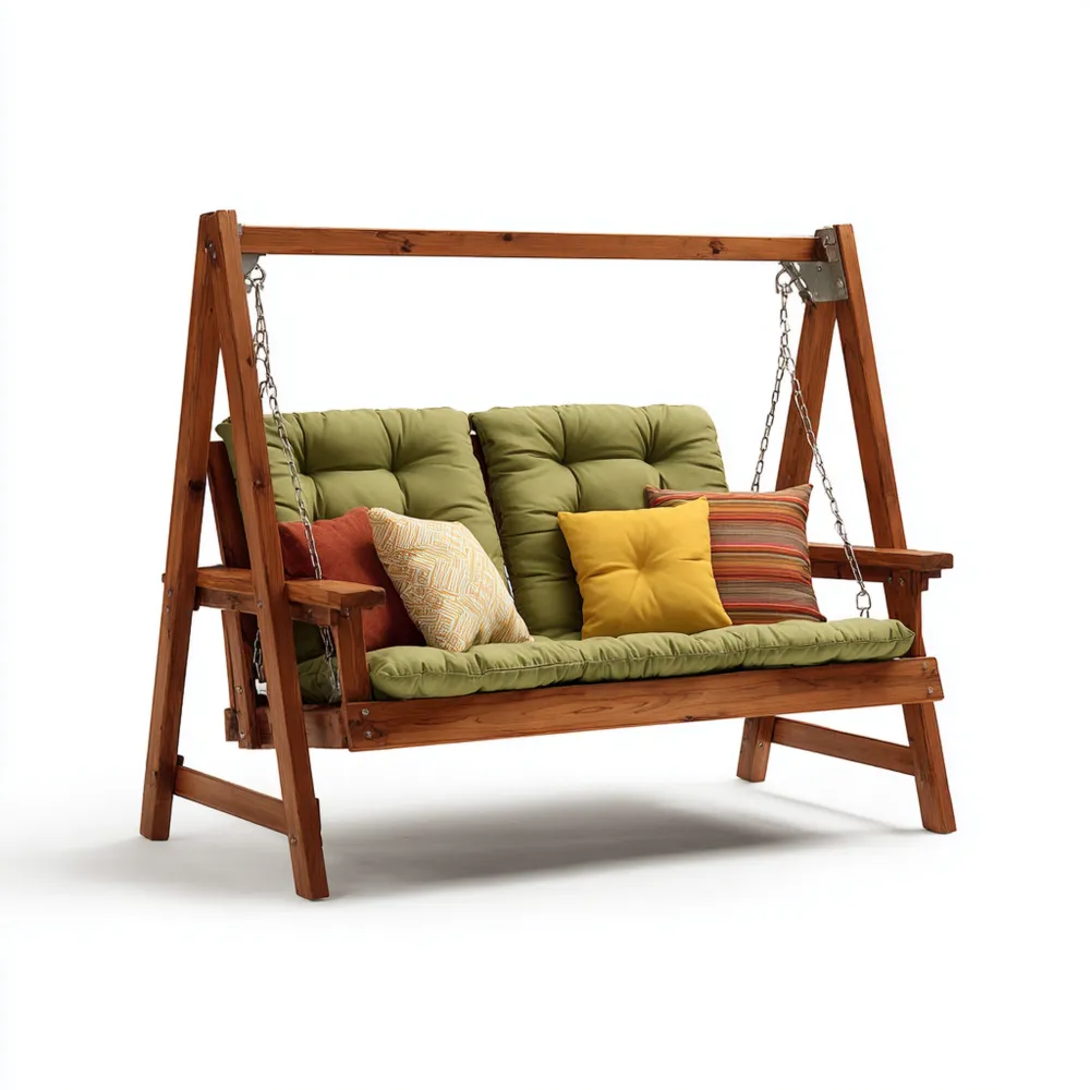 Balançoire de jardin en bois 150x120x180 cm avec coussins Verts – Design rustique