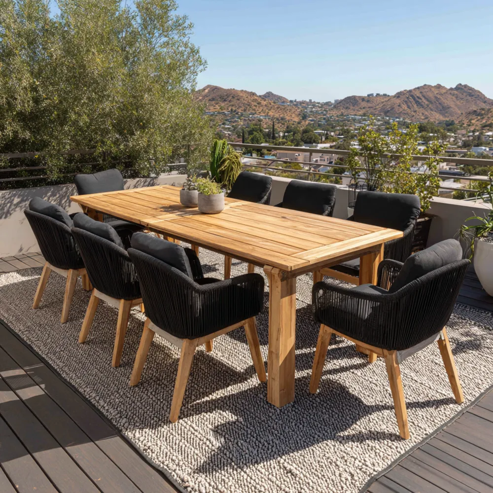 Ensemble table et chaises de jardin teck 200x100x75 cm - Noir et Bois Naturel - Design moderne