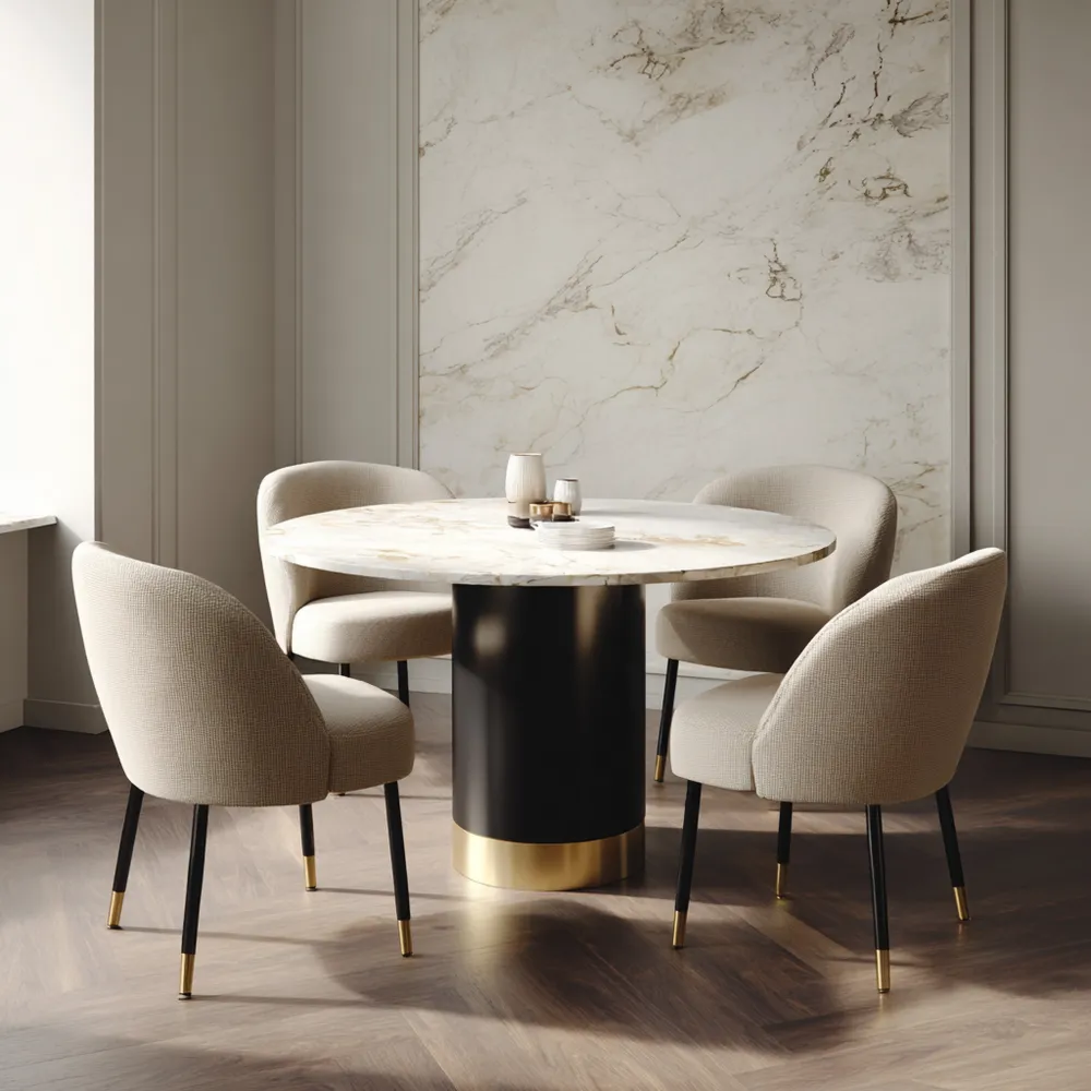 Ensemble Table et Chaises en Marbre 120x120x75 cm – Beige/Noir – Design Contemporain