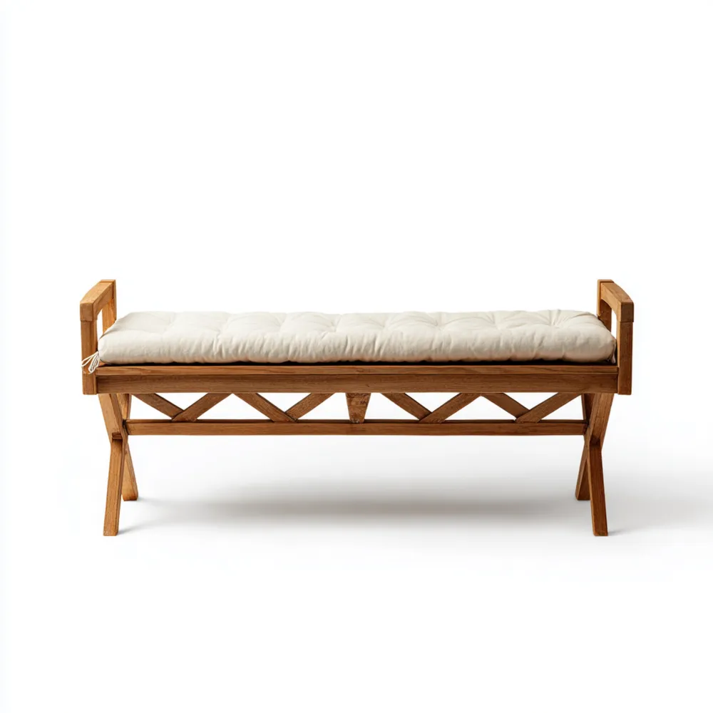 Banc en bois avec coussin – 120x40x45 cm – Naturel/Blanc – Design classique