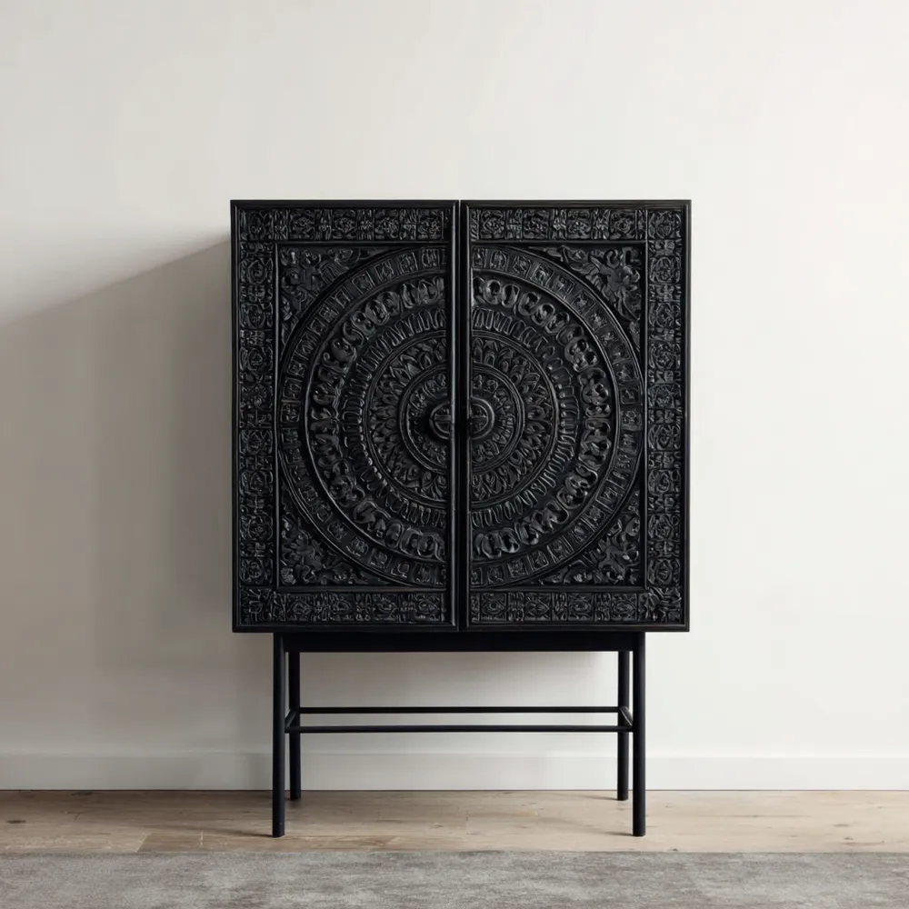 Armadio Contenitore in Legno Intagliato 90x40x140 cm – Nero – Design Classico