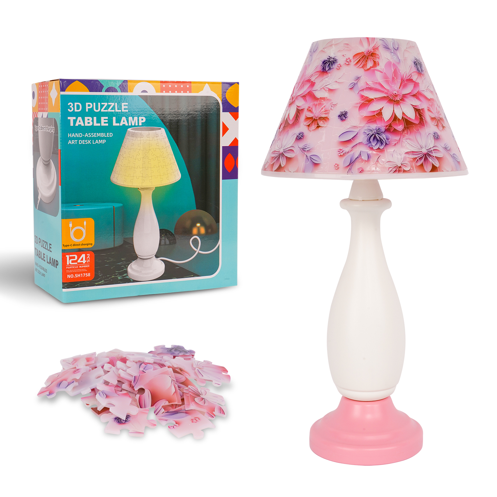 3D Pink Flower Puzzle Table Lamp