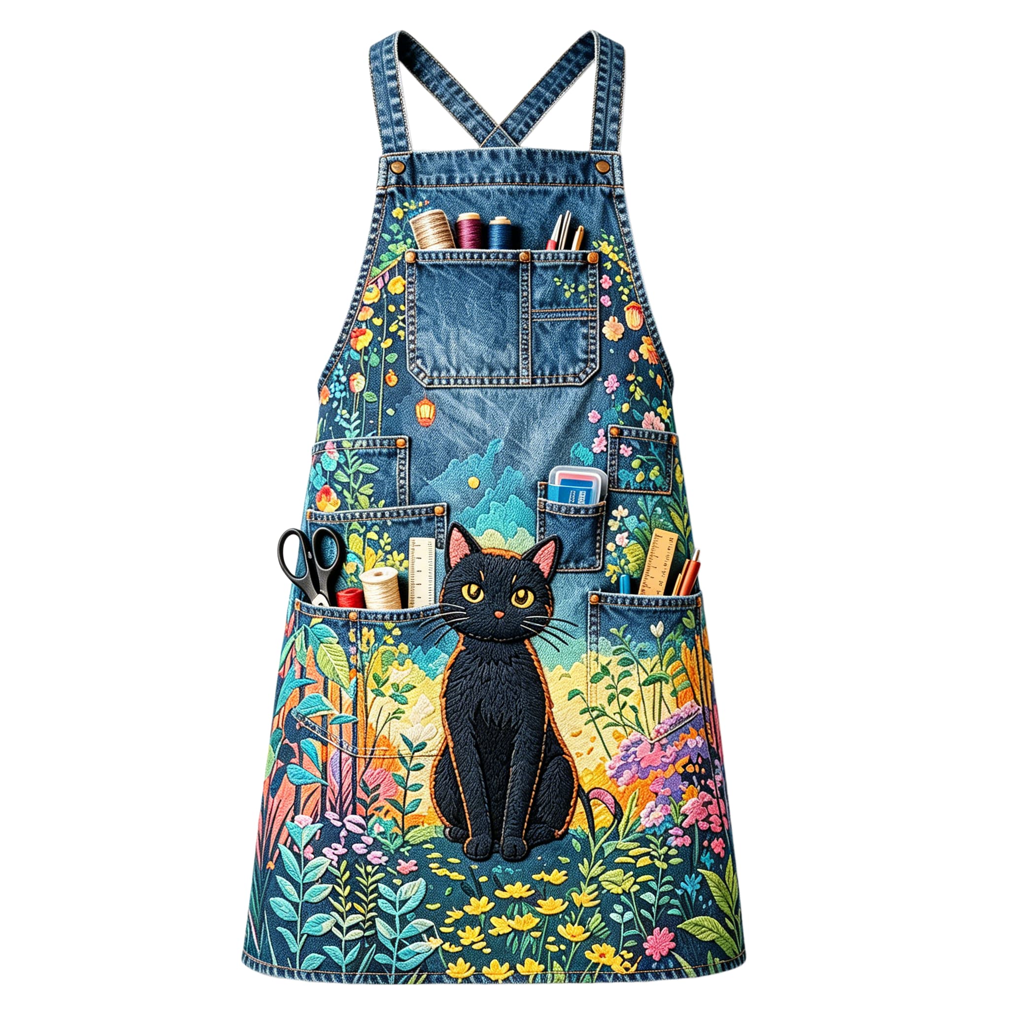 Midnight Black Cat in Enchanted Garden Multi-pocket Cross-back Embroidered Apron