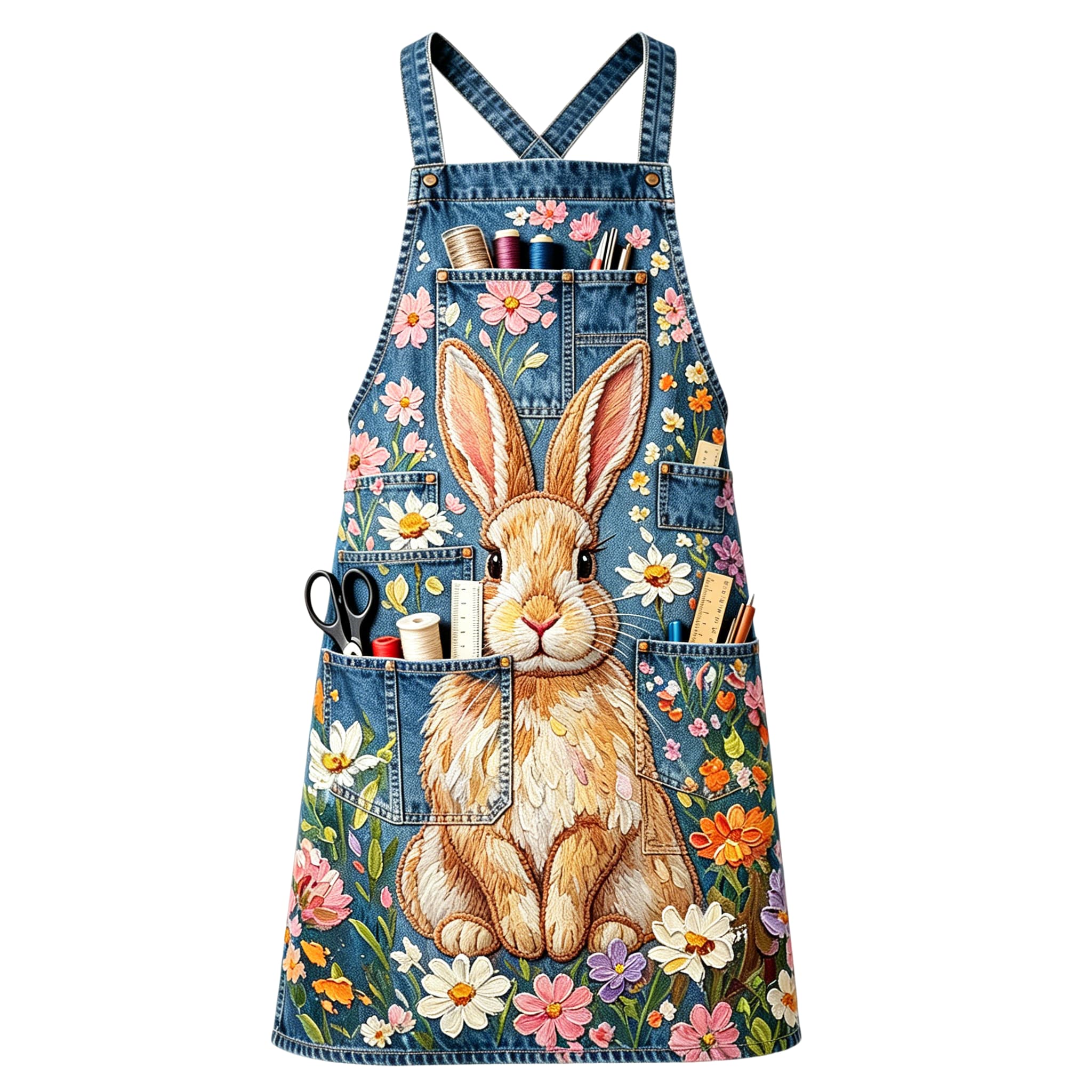 Whimsical Bunny in Wildflower Patch Multi-pocket Cross-back Embroidered Apron