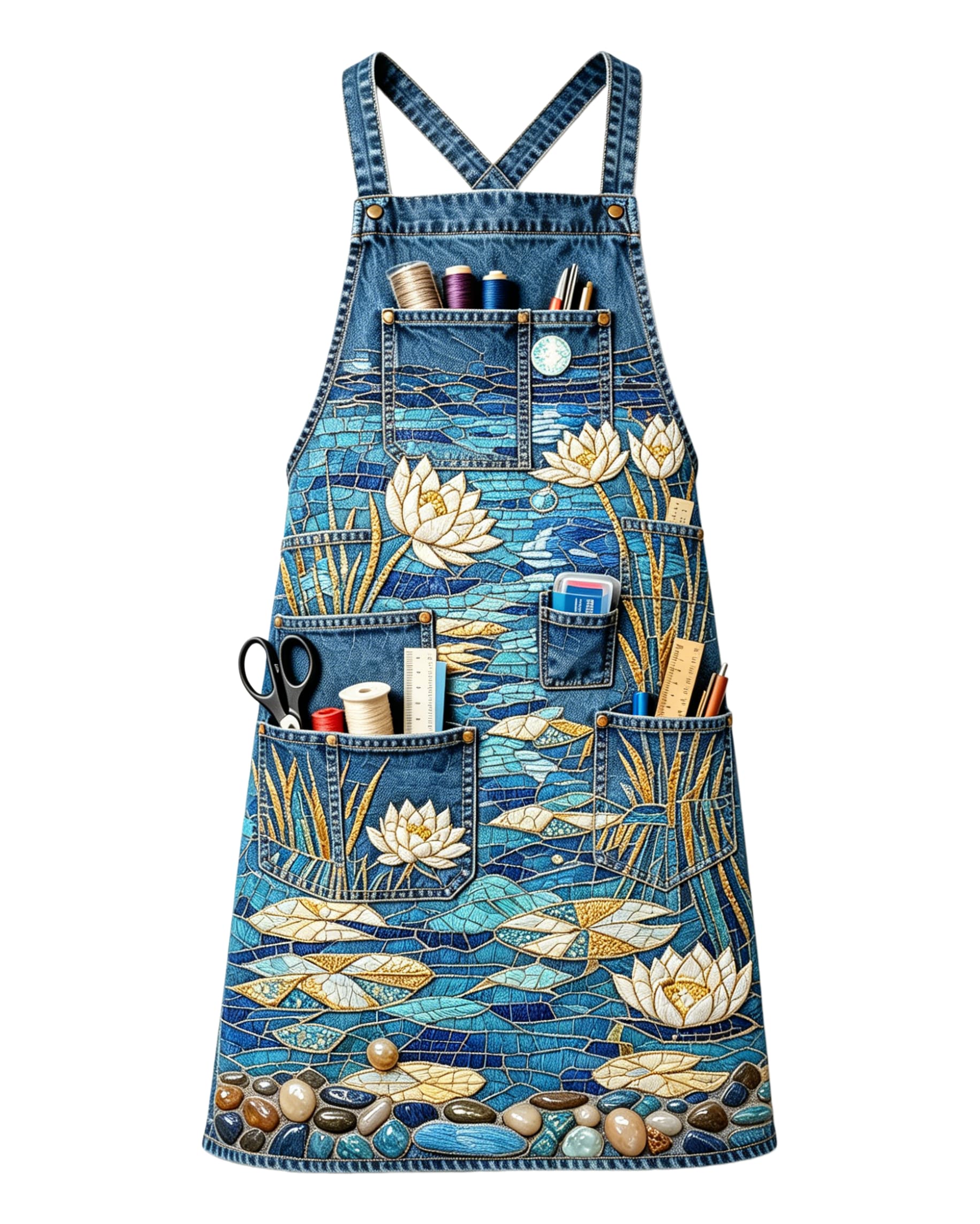 Mosaic Water Lily Pond Multi-pocket Cross-back Embroidered Apron