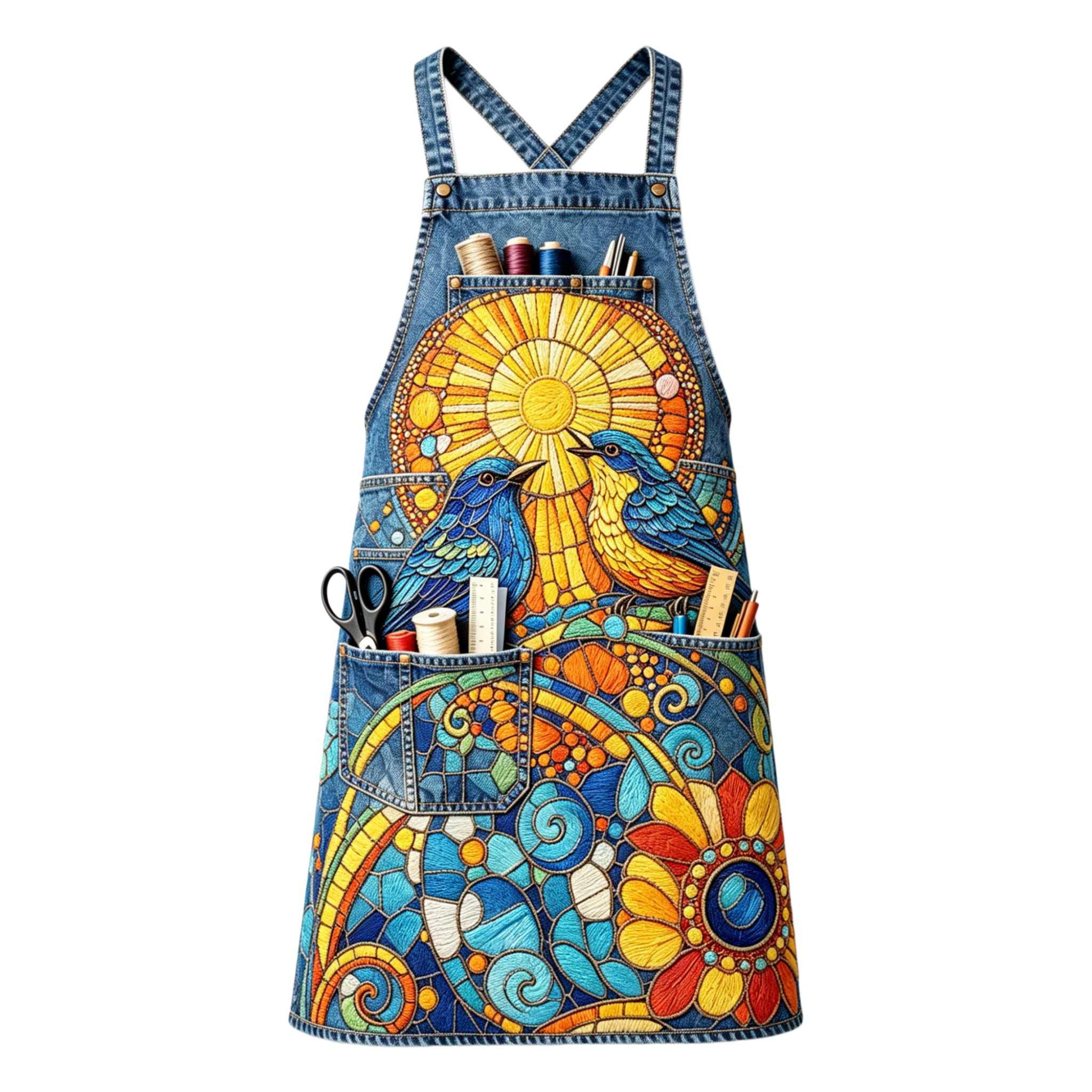 Stained Glass Sunlit Songbirds Multi-pocket Cross-back Embroidered Apron
