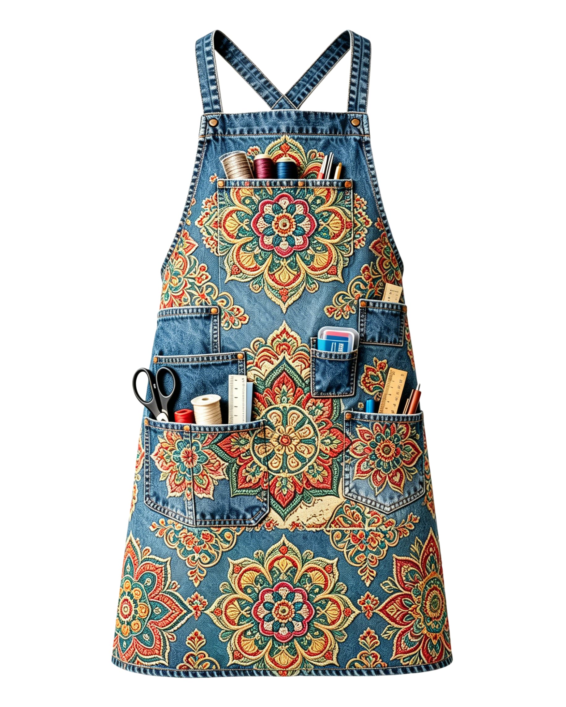 Bohemian Mandala Medallion Multi-pocket Cross-back Embroidered Apron