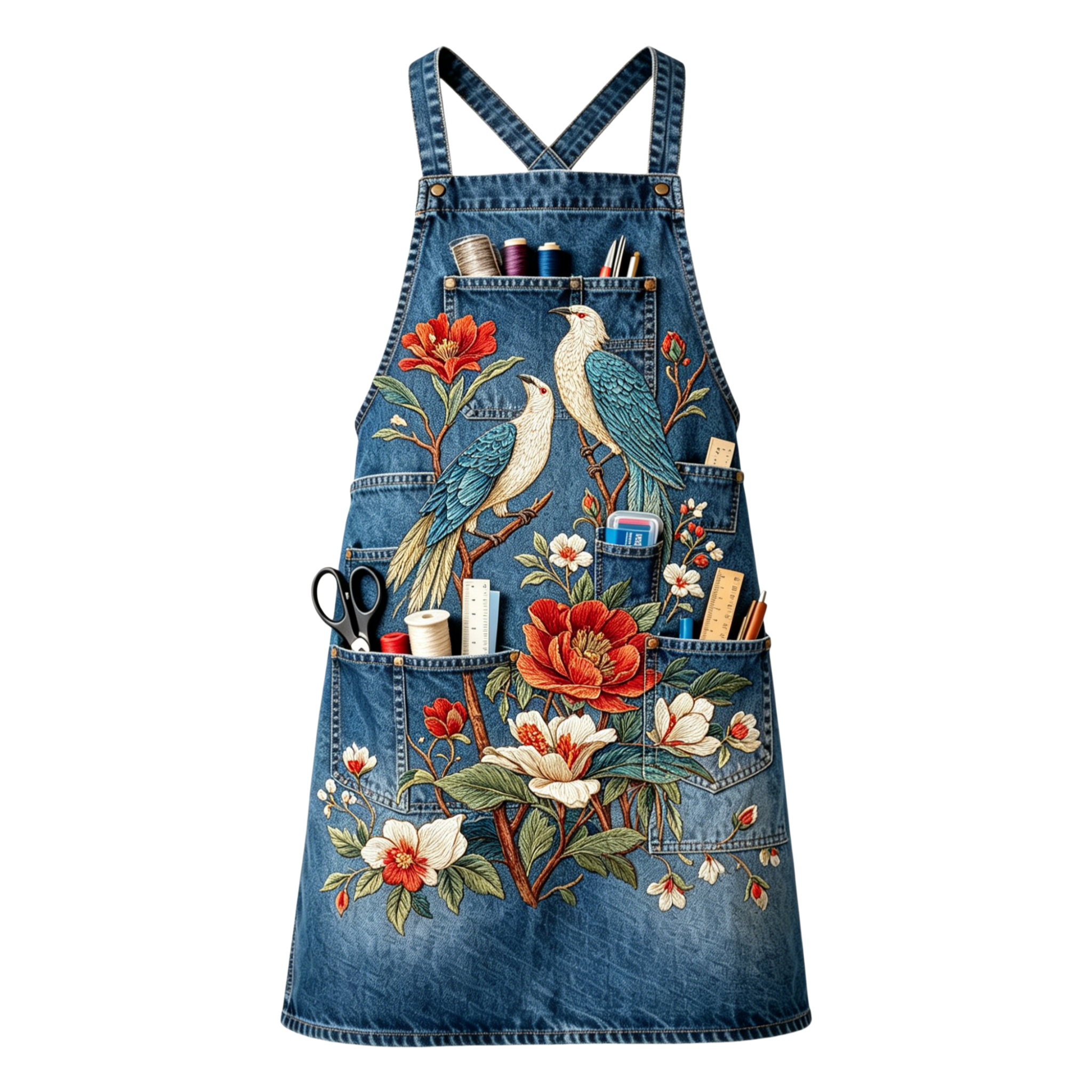 Vintage Embroidered Birds & Peony Blossom Multi-pocket Cross-back Embroidered Apron