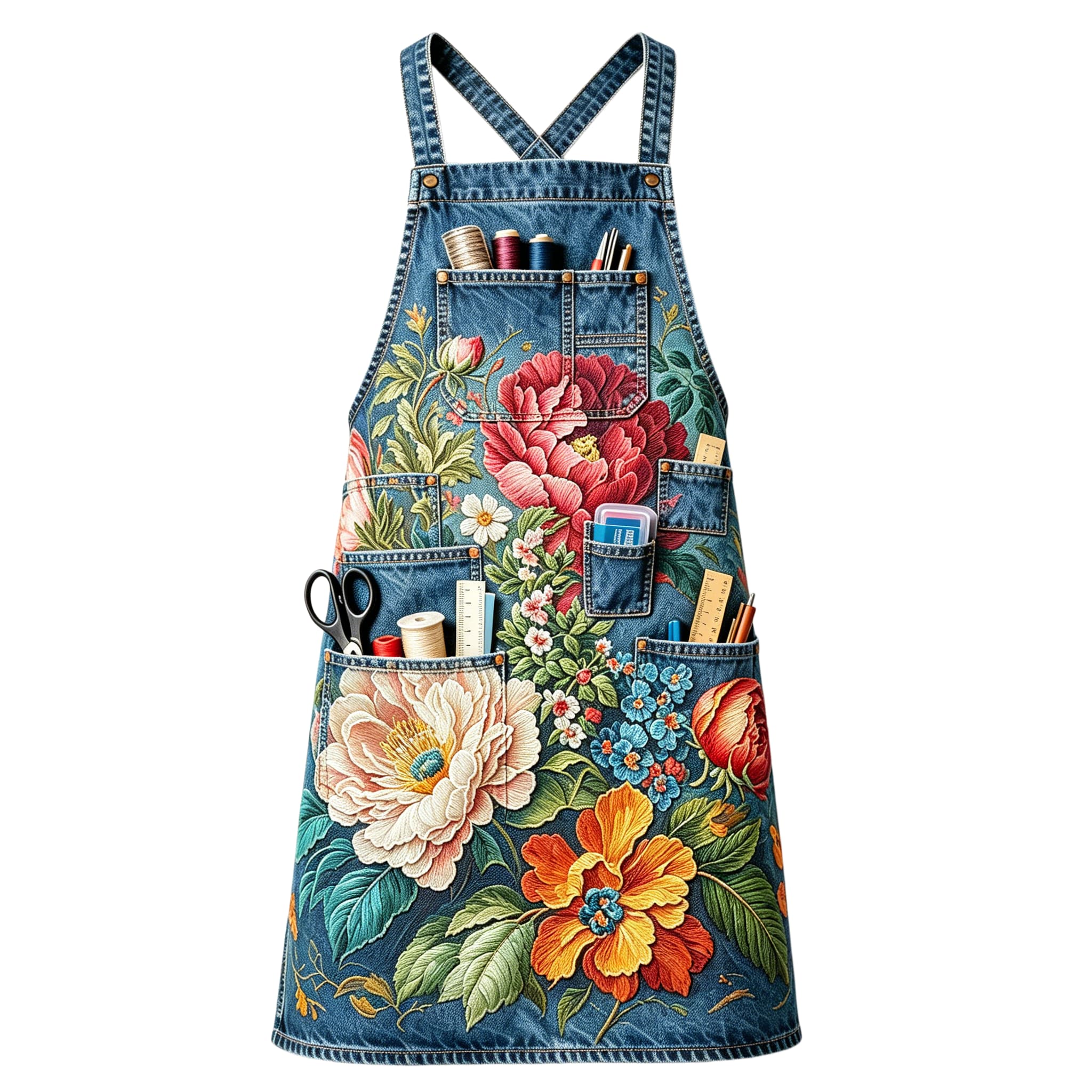 Vintage Floral Garden Multi-pocket Cross-back Embroidered Apron